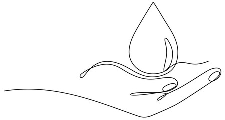 Hand holding water drop continuous line drawing. Blood or oil drop in human arm linear symbol. Vector illustration isolated on white.
