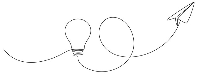 Lightbulb with flying paper plane continuous line drawing. Idea conceptual symbol. Vector illustration isolated on white.
