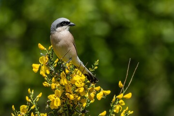 The grey and brown passerine bird, a male of the red-backed shrike, perching on a bush with yellow blossoms. Sunny day in nature. Green background.