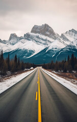 Straight road between snowy mountains - ai generative