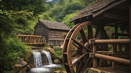 The mill wheel rotates under a stream of water at village with traditional thatched roofed houses. Generative AI - obrazy, fototapety, plakaty