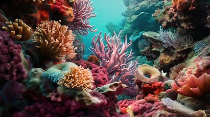 Fototapeta na wymiar an underwater scene of corals and sea anemones. generative ai