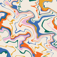 Colorful abstract psychedelic waves background. Cool groovy square template for social media post. Funky retro backdrop with curve lines on 60s-70s style. Hippie trippy wallpaper design