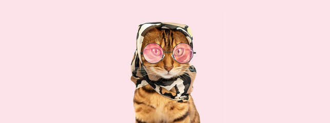 Cat with a headband and glasses on a pink banner.