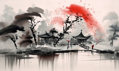 Chinese ink landscape painting created digitally Japan traditional ink illustration background