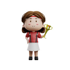 3d illustration Girl Holding Competition Trophy,  Indonesia independence day
