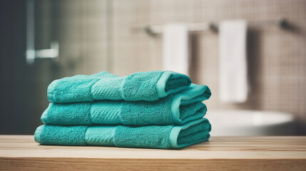 Turquoise spa towels pile on wood over blurred bathroom background. Generative AI - obrazy, fototapety, plakaty