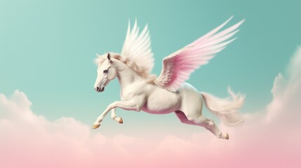 Fototapeta na wymiar a white horse with pink wings flying through the sky with clouds. generative ai
