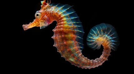  a colorful sea horse is shown against a black background,.  generative ai - obrazy, fototapety, plakaty