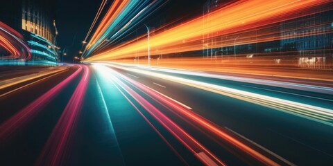 Fototapeta na wymiar Abstract long exposure dynamic speed light trails in traffic road. Generative AI