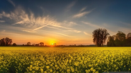 Obraz premium Vibrant Yellow Rapeseed Field Captures the Essence of the Blue Evening Sky. Generative AI