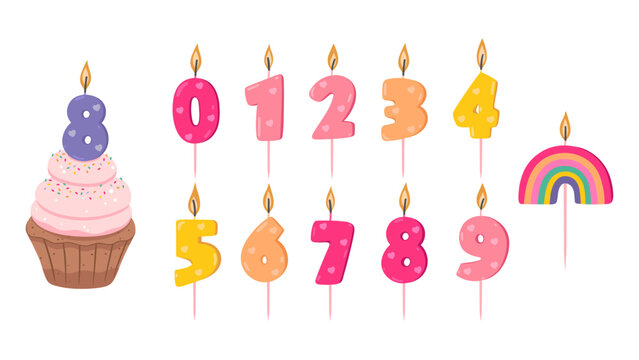 Set of isolated burning candles in the shape of a number for celebration. A cupcake with a candle in the shape of a number. A candle in the shape of a rainbow. Vector graphics.