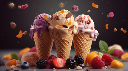 Cold ice cream topped with multiple fine chopped dry fruits DOF, Assorted ice cream cones with blackberry, strawberry, almond, orange and cherry. Generative AI