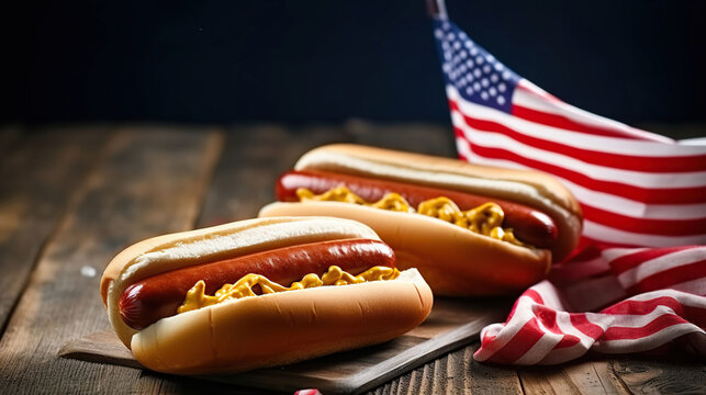 USA national holiday Labor Day, Memorial Day - hot dogs with ketchup and mustard on wood background, Generative AI
