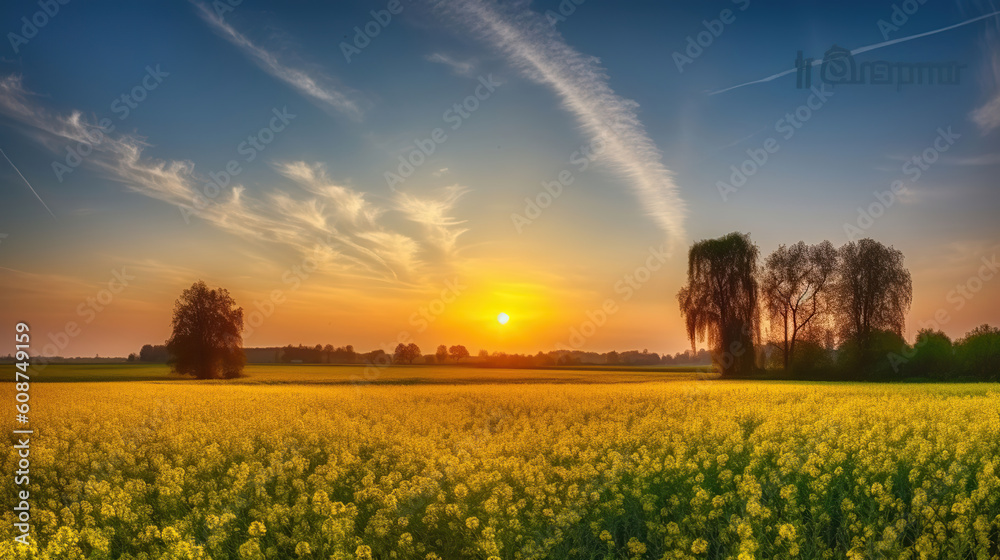 Wall mural Yellow rapeseed field under blue sky at sunset. Generative AI