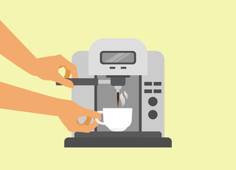 man hands using coffee machine making coffee  vector illustration