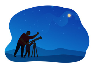 father and son silhouettes looking  through the  telescope night sky outdoor vector illustration
