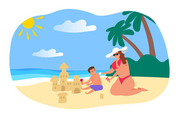 mother applying sunscreen  skin protection to her son siiting  on the beach summer vacation vector illustration