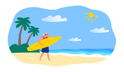 Fototapeta na wymiar senior man surfer with surfboard on the tropical beach summer vacation vector illustration