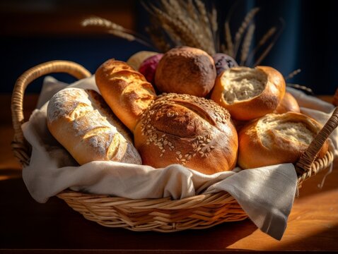 bread basket with a variety of artisan breads arranged in an appetizing manner