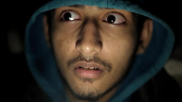 Close-up shot of a frightened or scared teenager in a green hoodie in darkness. Hd footage.
