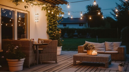Summer evening on the terrace of beautiful suburban house with patio with wicker furniture and lights. Generative AI - obrazy, fototapety, plakaty