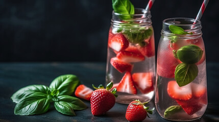 Refreshing Fusion, Strawberry and Basil Infused Water - A Burst of Flavors. Generative AI