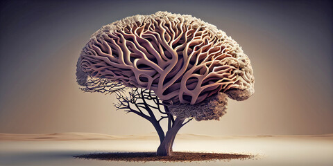 image of the human brain in the form of a crown of a lonely tree. Generative AI