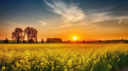 Yellow rapeseed field under blue sky at sunset. Generative AI