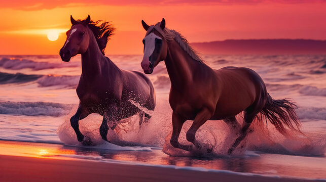 Wild horses running along the beach, vivid images, beautiful waves, sunrise, pink and orange sky, highly detailed, Generative AI