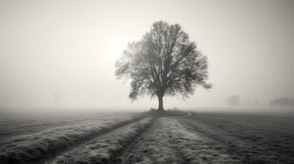  a lone tree in a foggy field with a trail leading to it.  generative ai