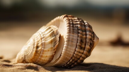  a close up of a sea shell on a sandy beach.  generative ai