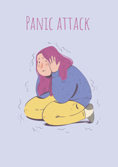 An illustration depicting a girl in yellow pants and a blue sweater, the girl is in a state of panic attack and anxiety.