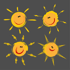 Set of cartoon style suns with eyes and smiles.