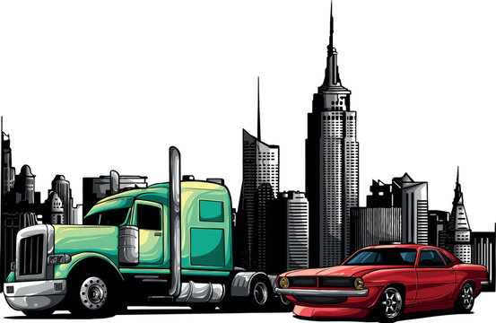 vector illustration of semi truck and muscle car on city in background
