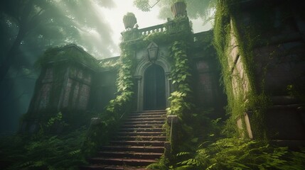  a creepy looking building with vines growing on it's walls.  generative ai