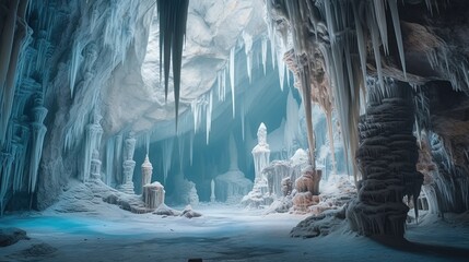  a cave filled with lots of ice and snow covered walls.  generative ai