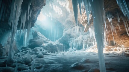  a cave filled with lots of ice and icicles on the ceiling.  generative ai