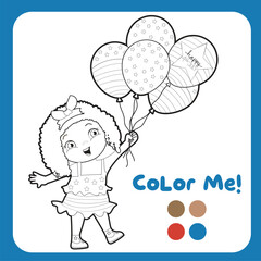 4th of July theme coloring page for kids. Colouring book of a cute little girl holding balloons with American flag designs. America Independence Day edition. Vector illustrations file.