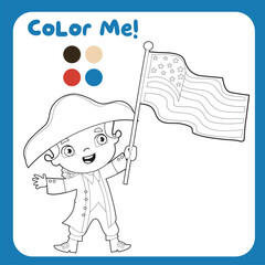 4th of July theme coloring page for kids. Coloring the 1st president of USA George Washington waving the Flag of America. America Independence Day edition. Vector illustrations file.