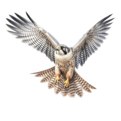 a Peregrine Falcon, Falco peregrinus in-flight wings spread frontal view in a Nature-themed, photorealistic illustration in a PNG, cutout, and isolated. Generative AI