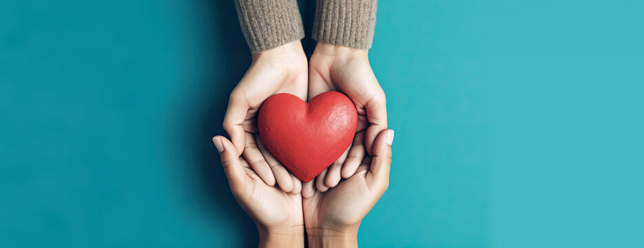 adult and child hands holding red heart, health care, love and family insurance concept, world heart day, world health day, adoption foster family, compliment day, hope gratitude.Generative AI