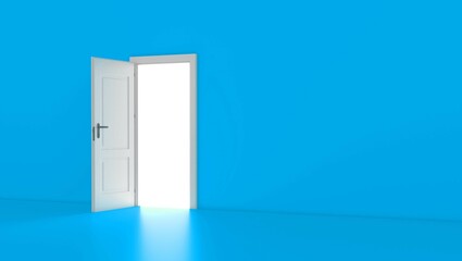 Open the door. Symbol of new career, opportunities, business ventures and initiative. Business concept. 3d render, Blue Room with the door open for a sky. Door to heaven. 