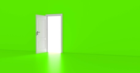 Open the door. Symbol of new career, opportunities, business ventures and initiative. Business concept. 3d render, white light inside open door isolated on green background. Modern minimal concept.