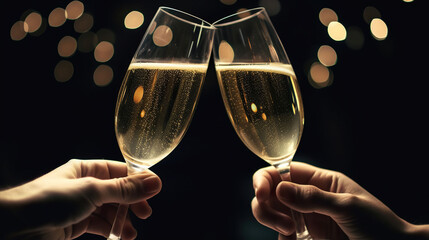 Two Glasses of Champagne Toasting in Midnight Splendor. Generative AI