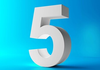 Number 5 in white on light blue background, Five number isolated 3d rendering.