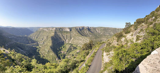 Panoramic of the center of the circus of Navacelles, with the rock of the virgin, in Hérault, Occitanie, France © FredP