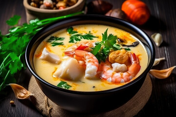 Pumpkin cream soup with shrimp and spicy herbs, AI Generated