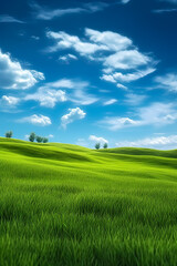 Fototapeta premium Green grass field on small hills and blue sky with clouds, Generative AI