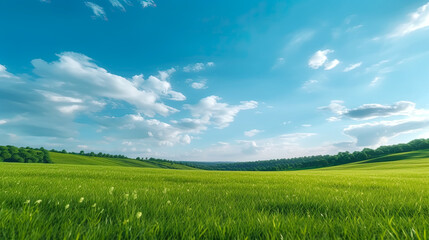 Obraz premium Green grass field on small hills and blue sky with clouds, Generative AI